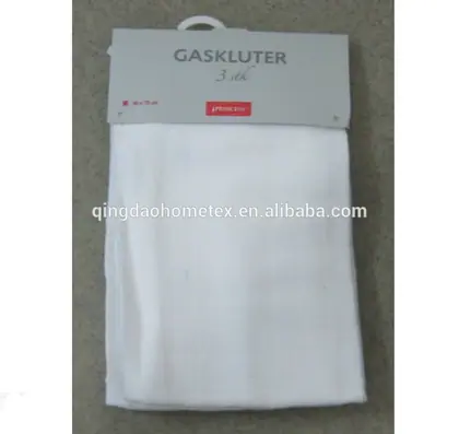 Packaged white cloth product with a hang tag on a grey background.