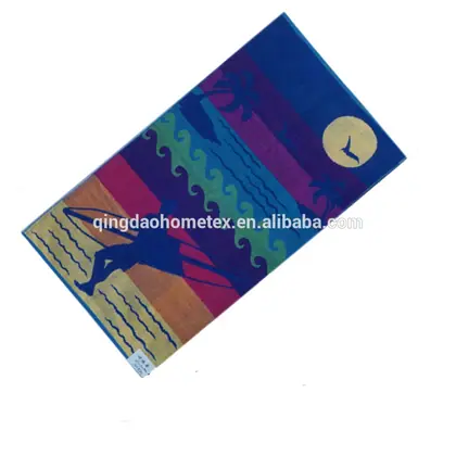 Blue 100% cotton yarn dyed jacquard surfing beach towel, 70x140 cm, with woven surfing motif