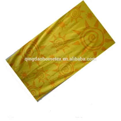 Yellow 100% cotton jacquard beach towel with woven pattern, 70x140 cm, square shape, used for beach, home, and sports