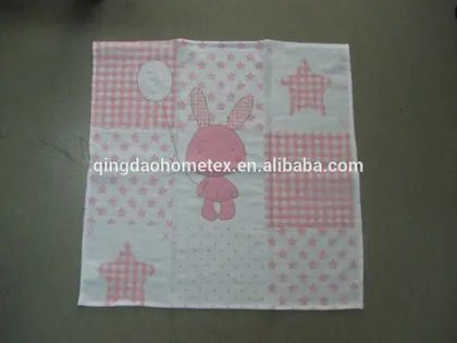 Three 50x50 cm flannel kids towels in a pack, one with a cartoon animal design, plain colour dyed, in a pp bag