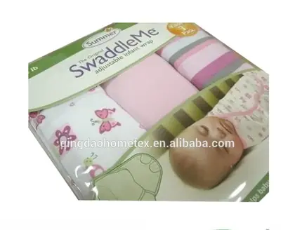 Packaged SwaddleMe adjustable infant wraps in pink patterns with BSCI and Confidence in Textiles certification logos below