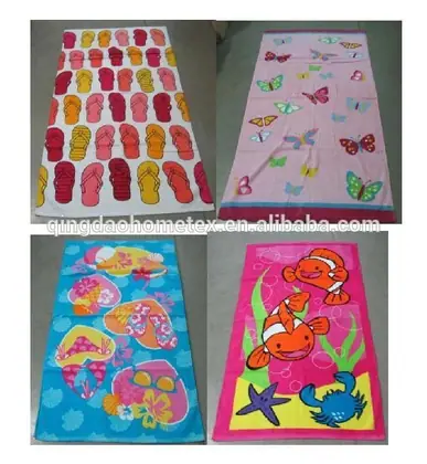 Collage of four printed beach towels: flip-flops pattern, butterflies on pink, sandals with sunglasses on blue, and clownfish on pink