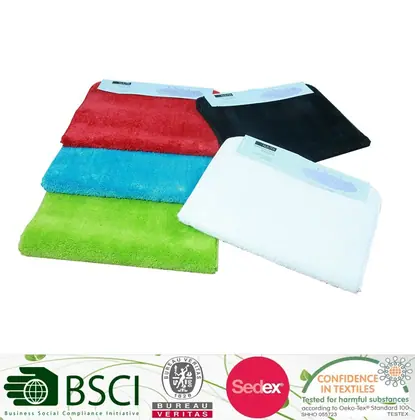 Folded microfiber towels in red, blue, green, black and white stacked on a white background with certification logos below