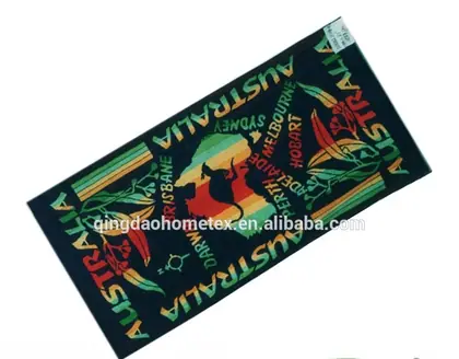 Colorful printed beach towel with Australia-themed souvenir design, shown with BSCI and Confidence in Textiles certification logos