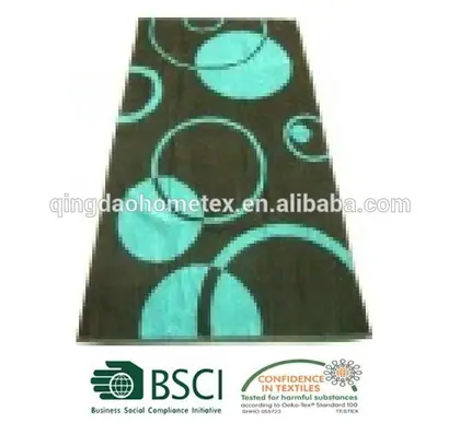 Teal and brown towel with circle patterns, watermarked, with BSCI and Confidence in Textiles logos below