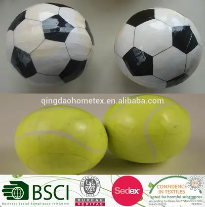 Two black-and-white soccer balls and two yellow tennis-style balls photographed on a plain surface, with certification logos strip below
