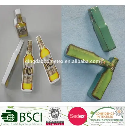 Collage of bottle-shaped foam products on plain and blue backgrounds, with certification logos strip below