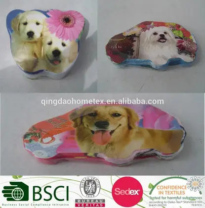 Collage of dog-shaped decorative tins with puppy artwork, plus certification logos including BSCI, Bureau Veritas, Sedex and OEKO-TEX