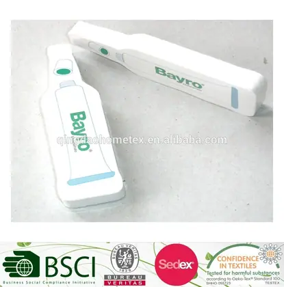 Two white printed bottle-shaped cushion items with green Bayro logo on a light surface