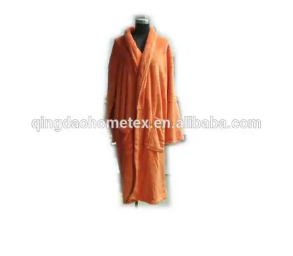 Orange terry cloth bathrobe displayed on a mannequin against a plain background