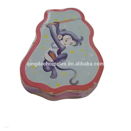 Monkey-shaped cartoon tin box with red border and blue illustrated monkey design on white background