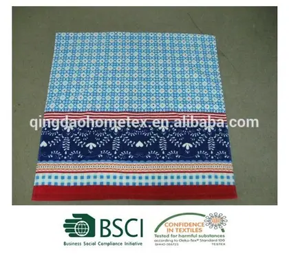 Printed blue and red patterned textile laid flat on a gray floor, with BSCI and Confidence in Textiles logos below