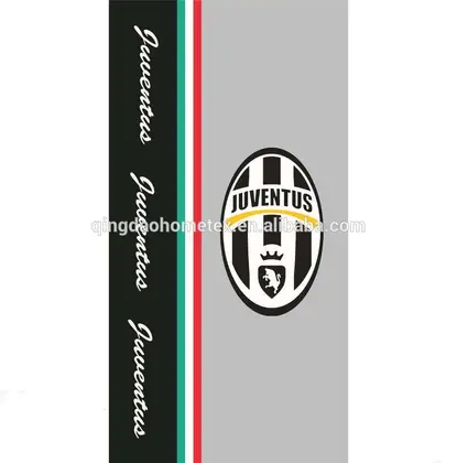 Printed textile design featuring a Juventus club logo with script text on a black and gray background