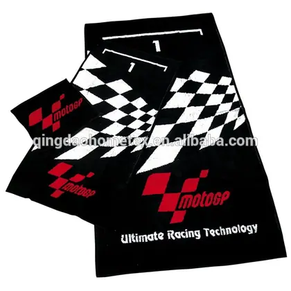 Black woven towels with checkered flag pattern and red racing logo, displayed on a plain background