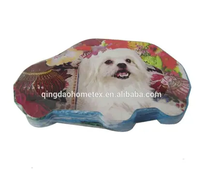 Car-shaped foam sponge with colorful dog print, on white background