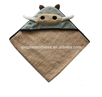 Brown animal-hooded baby bath towel with ears and horns, laid flat on white background