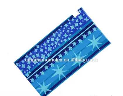 Blue beach towel with star pattern, shown diagonally with BSCI and Oeko-Tex certification logos below