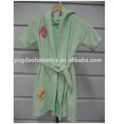 Light green children's hooded short-sleeve bathrobe with butterfly appliqués and tie belt, on a hanger
