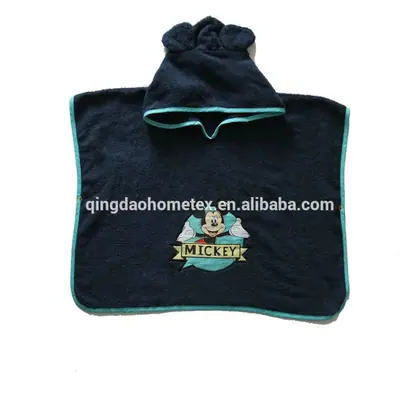 Navy blue kids hooded poncho towel with teal trim and a cartoon mouse character embroidered on the front