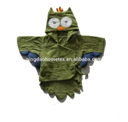 Green owl-shaped children's hooded bathrobe with blue wings on white background