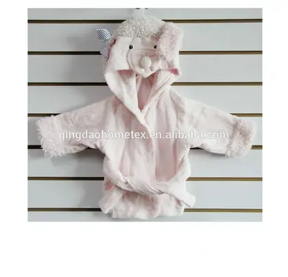 Pink hooded baby bathrobe with animal face design and fluffy trim, hanging on a slatwall display