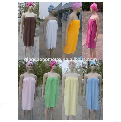 Collage of mannequins wearing wrap-style bath towels in assorted colors with matching head wraps