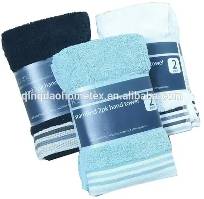 Three folded 2-pack hand towels in black, light blue, and white with blue packaging bands, on white background