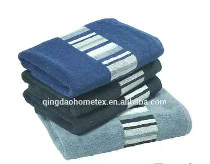 Stack of folded towels in blue, teal, and grey with striped bands, shown with BSCI and Confidence in Textiles certification logos