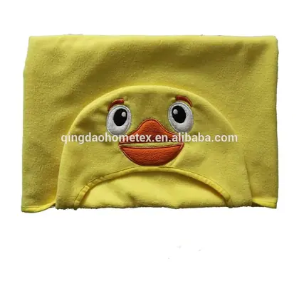 Yellow duck-themed hooded towel with embroidered duck face on a white background