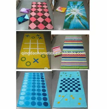 Collage of six colorful printed beach towels with argyle, tie-dye, game, striped, polka dot, and checker patterns on a floor