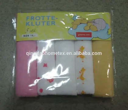 Pack of five pastel baby washcloths in plastic packaging labeled Frottekluter, NOK 19