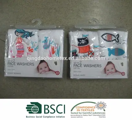 Two retail packs of embroidered face washers, mermaid and nautical designs, with BSCI and textile certification logos below