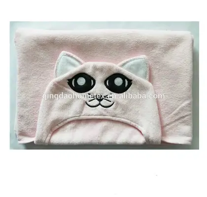 Pink hooded towel with cat face embroidery and ears, folded on a plain white background