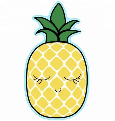 Cartoon pineapple illustration with smiling closed eyes and green leaves on a white background