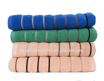 Stack of four folded striped towels in blue, green, and peach, with BSCI and Confidence in Textiles logos below