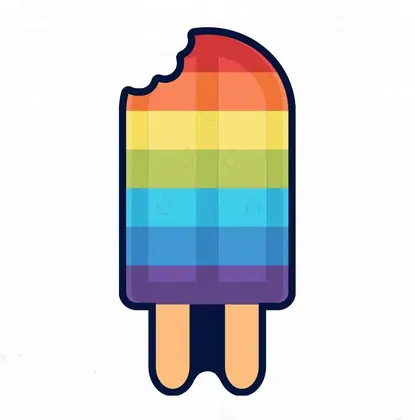 Cartoon illustration of a rainbow-striped ice pop with a bite taken out of it