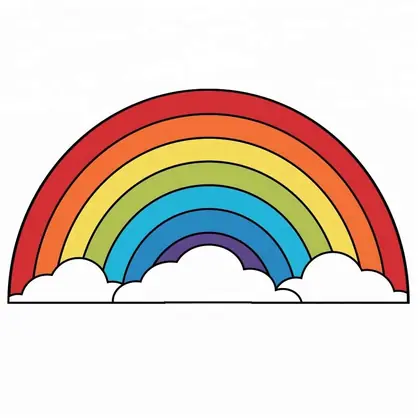 Cartoon illustration of a rainbow with clouds on a white background