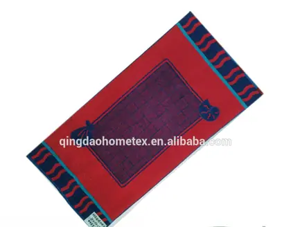 Red woven beach towel with navy border patterns, shown diagonally with BSCI and Confidence in Textiles certification logos