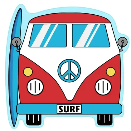 Cartoon sticker of a red and white vintage van with surfboard, peace sign, and the word SURF