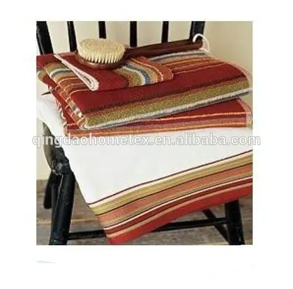 Beige 100% cotton yarn dyed stripe dobby bath towel, 75x150 cm, with a subtle woven stripe pattern