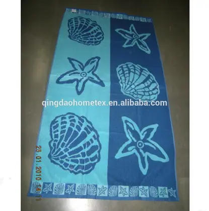 Blue and aqua beach towel with starfish and seashell