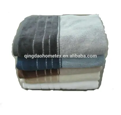 Stack of folded terry towels in gray, blue, beige and white with striped bands