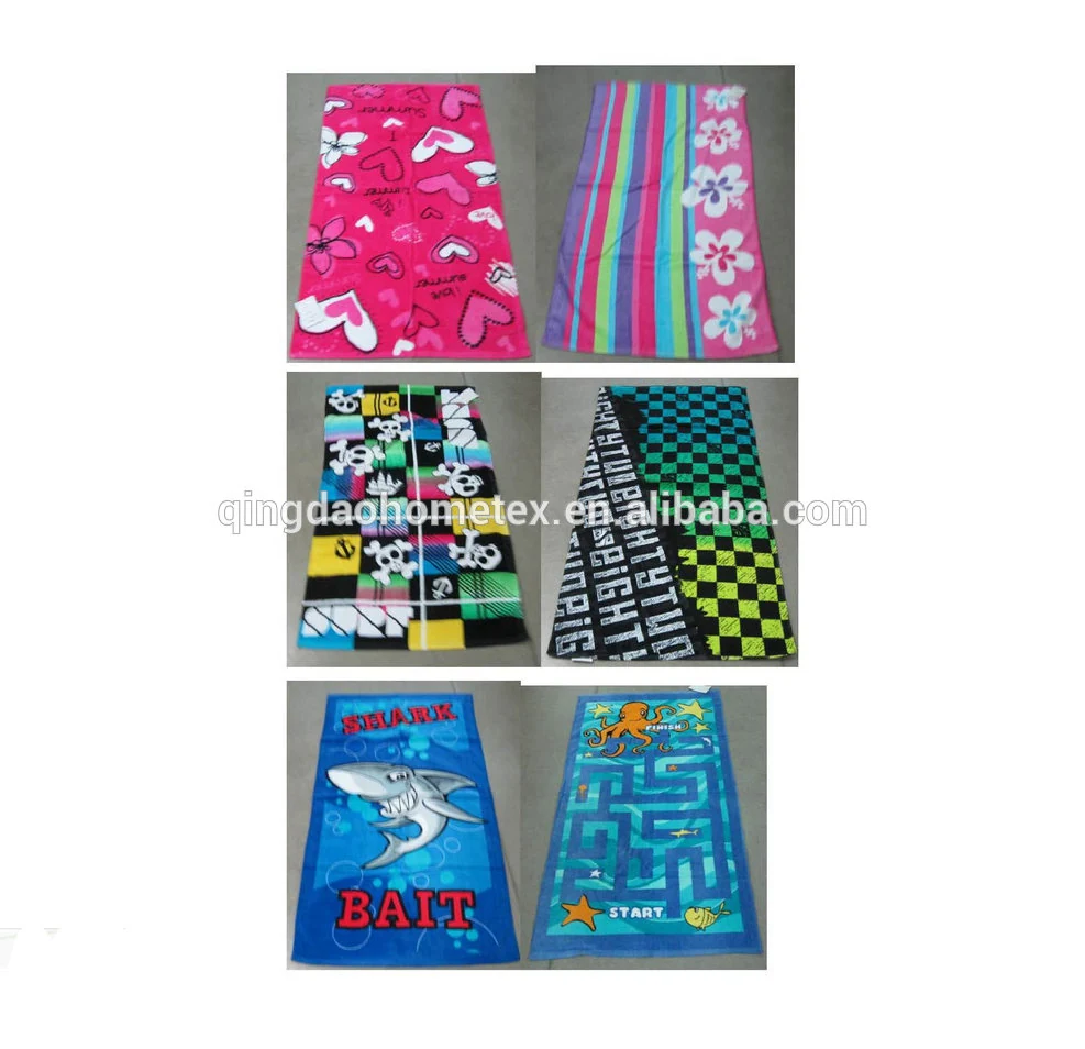 Collage of six printed beach towels featuring hearts, stripes, flowers, skulls, checkers, a shark and a maze design on white background