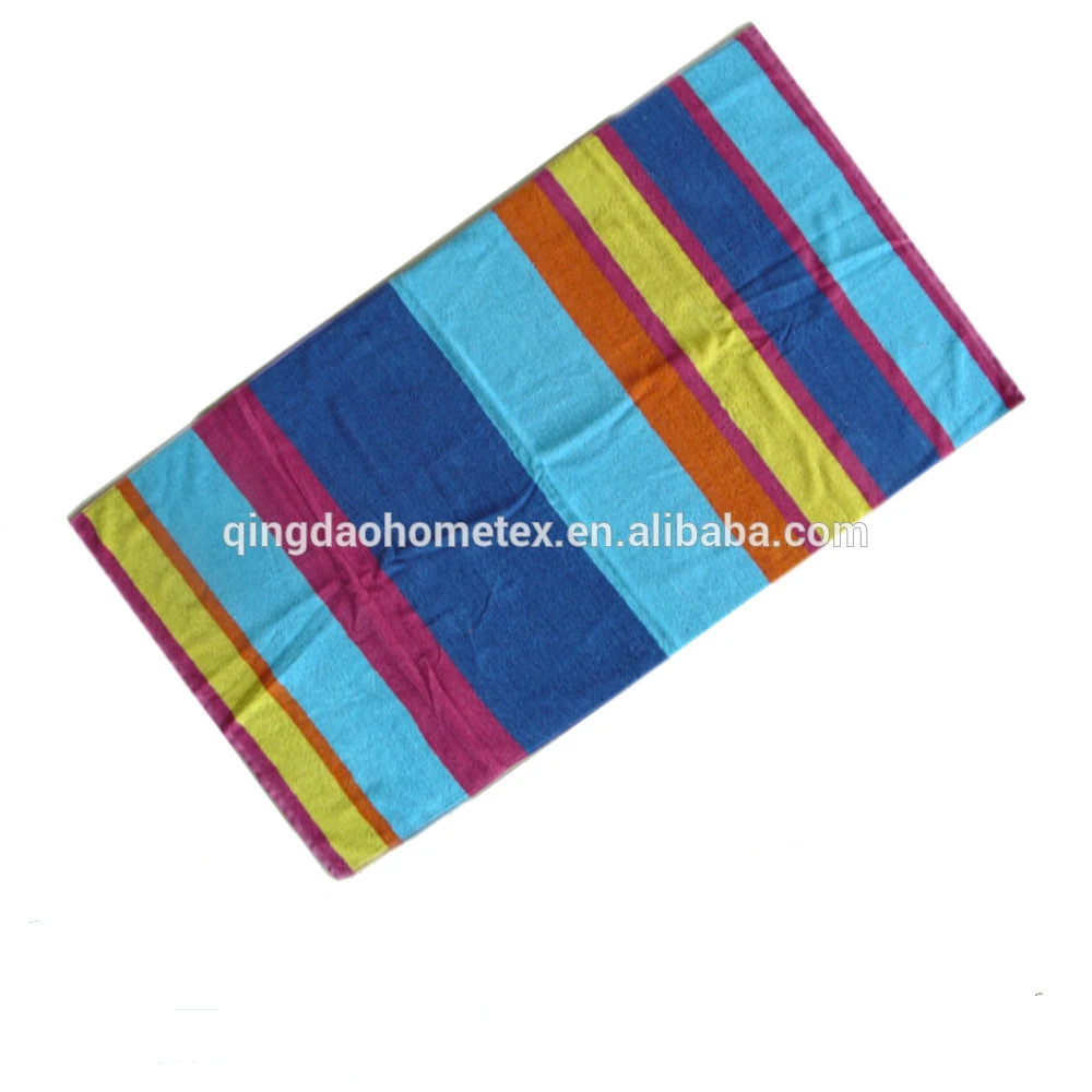 Blue and multicoloured 100% cotton rainbow stripe jacquard beach towel, 70x140 cm, woven pattern visible