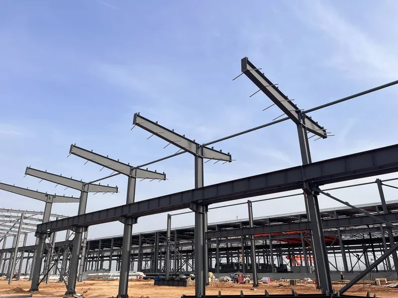 Pre-engineered steel portal frame with wide clear opening erected on site