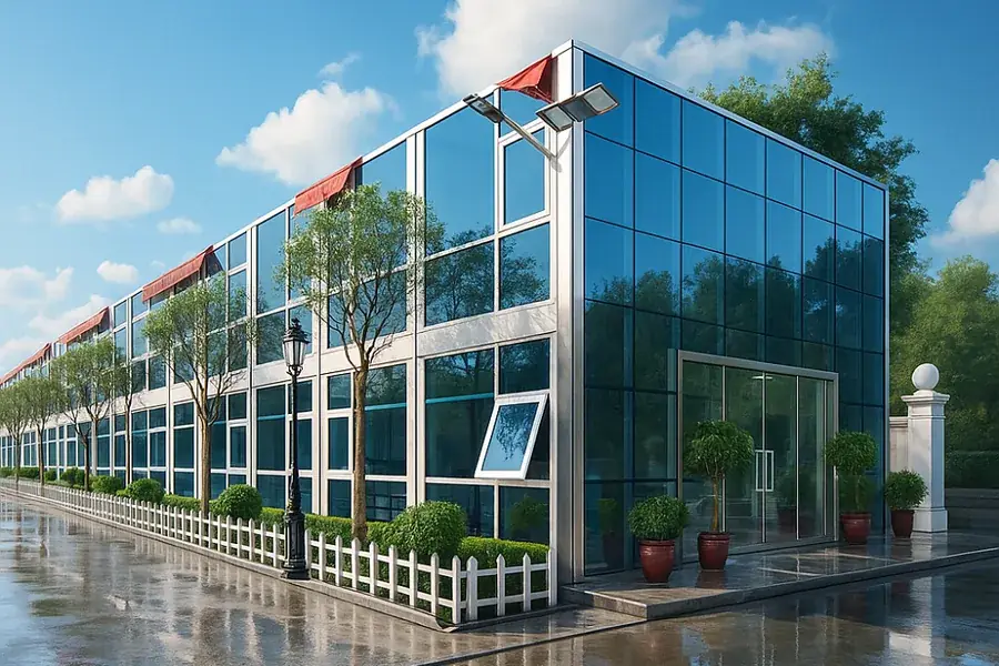 Modular office building with a finished glazed facade