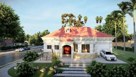 Prefabricated steel-framed villa with tiled roof and landscaped approach