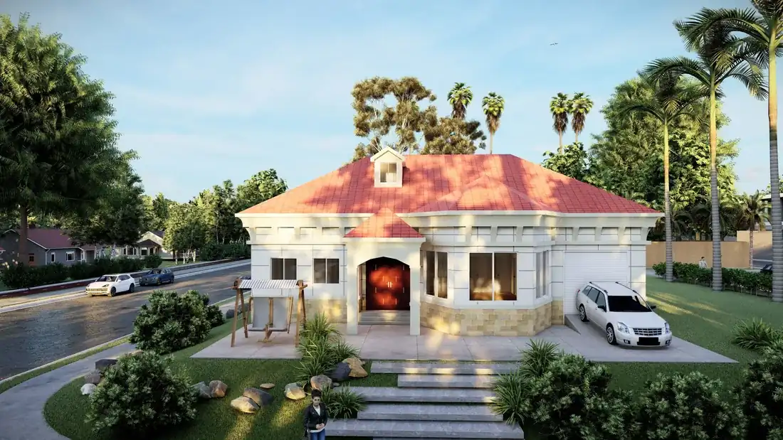 Prefabricated steel-framed villa with tiled roof and landscaped approach