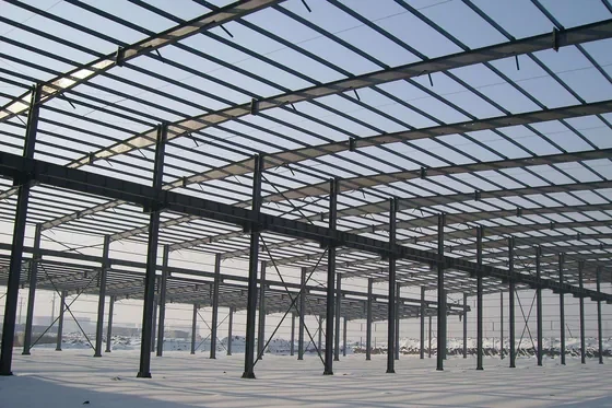 Steel portal frame bays inside a completed pre-engineered building