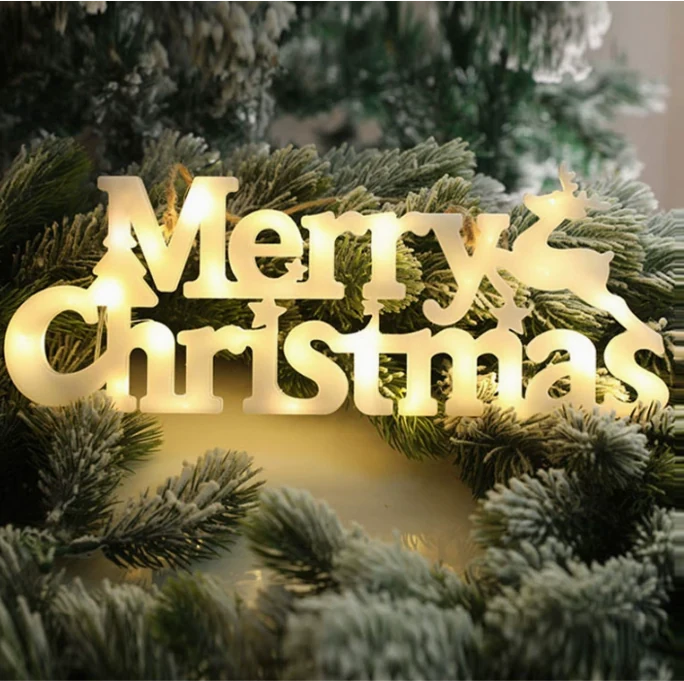 Christmas Star and Gift Hanging Light - Hanging string of lit stars, gift boxes and Merry Christmas lettering.